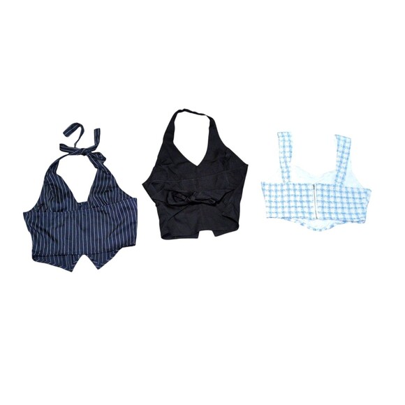 Shein Crop Tops M Women's Blue Black Tweed Button Down Vests Lot of 3 Designer - Picture 2 of 16